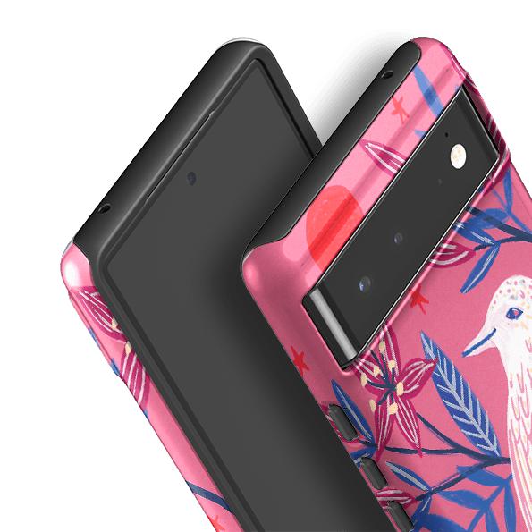 Google phone case-Pink Bird By Lee Foster Wilson-Product Details Raised bevel to protect screen from scratches. Impact resistant polycarbonate shell and shock absorbing inner TPU liner. Secure fit with design wrapping around side of the case and full access to ports. Compatible with Qi-standard wireless charging. Thickness 1/8 inch (3mm), weight 30g. Compatibility See drop down menu for options, please select the right case as we print to order.-Stringberry
