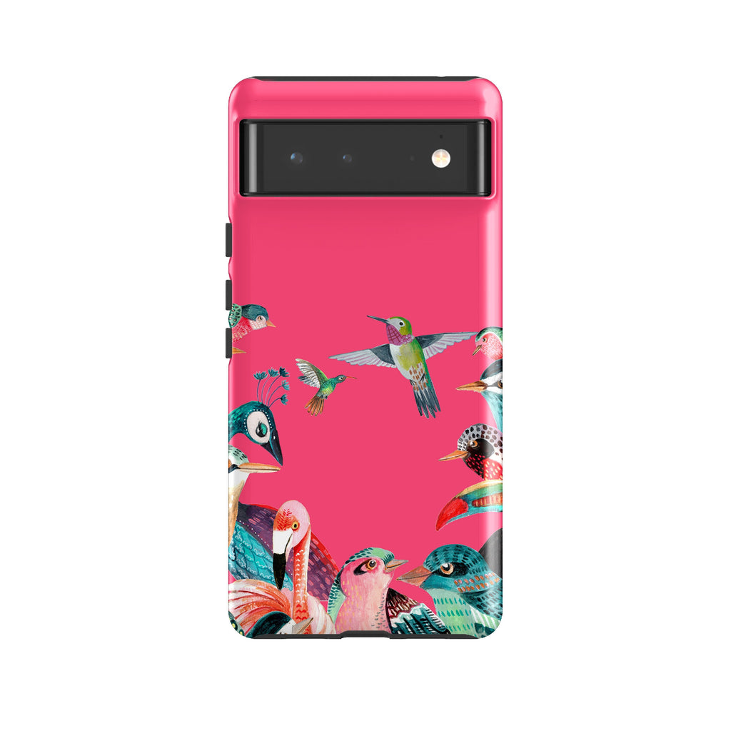 Google phone case-Pink Birds By Caroline Bonne Muller-Product Details Raised bevel to protect screen from scratches. Impact resistant polycarbonate shell and shock absorbing inner TPU liner. Secure fit with design wrapping around side of the case and full access to ports. Compatible with Qi-standard wireless charging. Thickness 1/8 inch (3mm), weight 30g. Compatibility See drop down menu for options, please select the right case as we print to order.-Stringberry