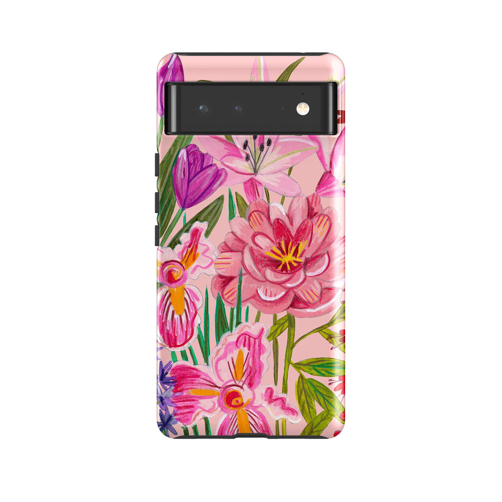 Google phone case-Pink Floral By Caroline Bonne Muller-Product Details Raised bevel to protect screen from scratches. Impact resistant polycarbonate shell and shock absorbing inner TPU liner. Secure fit with design wrapping around side of the case and full access to ports. Compatible with Qi-standard wireless charging. Thickness 1/8 inch (3mm), weight 30g. Compatibility See drop down menu for options, please select the right case as we print to order.-Stringberry