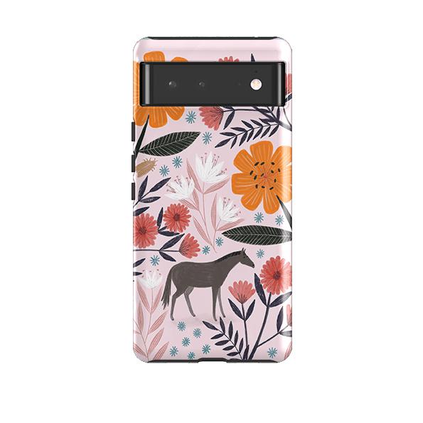 Google phone case-Pink Horse Floral By Lee Foster Wilson-Product Details Raised bevel to protect screen from scratches. Impact resistant polycarbonate shell and shock absorbing inner TPU liner. Secure fit with design wrapping around side of the case and full access to ports. Compatible with Qi-standard wireless charging. Thickness 1/8 inch (3mm), weight 30g. Compatibility See drop down menu for options, please select the right case as we print to order.-Stringberry