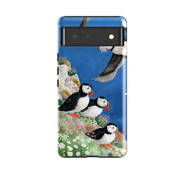 Google phone case-Puffins By Bex Parkin-Product Details Raised bevel to protect screen from scratches. Impact resistant polycarbonate shell and shock absorbing inner TPU liner. Secure fit with design wrapping around side of the case and full access to ports. Compatible with Qi-standard wireless charging. Thickness 1/8 inch (3mm), weight 30g. Compatibility See drop down menu for options, please select the right case as we print to order.-Stringberry