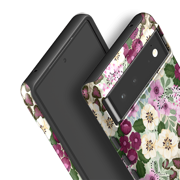 Google phone case-Purple Flowers By Bex Parkin-Product Details Raised bevel to protect screen from scratches. Impact resistant polycarbonate shell and shock absorbing inner TPU liner. Secure fit with design wrapping around side of the case and full access to ports. Compatible with Qi-standard wireless charging. Thickness 1/8 inch (3mm), weight 30g. Compatibility See drop down menu for options, please select the right case as we print to order.-Stringberry