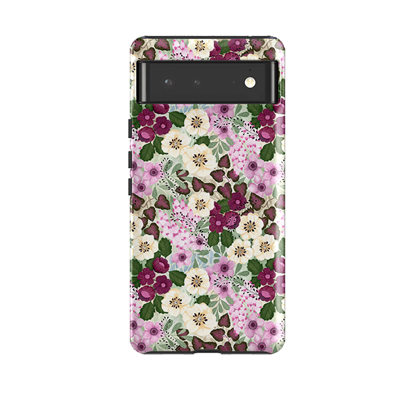 Google phone case-Purple Flowers By Bex Parkin-Product Details Raised bevel to protect screen from scratches. Impact resistant polycarbonate shell and shock absorbing inner TPU liner. Secure fit with design wrapping around side of the case and full access to ports. Compatible with Qi-standard wireless charging. Thickness 1/8 inch (3mm), weight 30g. Compatibility See drop down menu for options, please select the right case as we print to order.-Stringberry