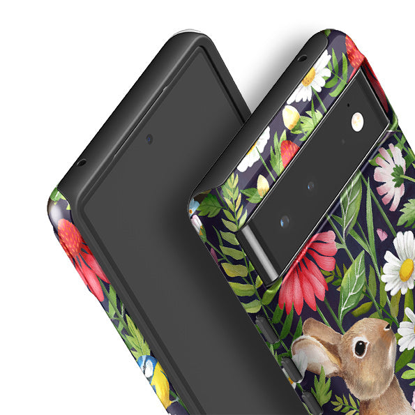 Google phone case-Rabbit and Wildflowers By Bex Parkin-Product Details Raised bevel to protect screen from scratches. Impact resistant polycarbonate shell and shock absorbing inner TPU liner. Secure fit with design wrapping around side of the case and full access to ports. Compatible with Qi-standard wireless charging. Thickness 1/8 inch (3mm), weight 30g. Compatibility See drop down menu for options, please select the right case as we print to order.-Stringberry