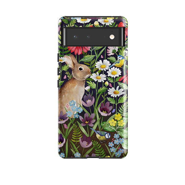 Google phone case-Rabbit and Wildflowers By Bex Parkin-Product Details Raised bevel to protect screen from scratches. Impact resistant polycarbonate shell and shock absorbing inner TPU liner. Secure fit with design wrapping around side of the case and full access to ports. Compatible with Qi-standard wireless charging. Thickness 1/8 inch (3mm), weight 30g. Compatibility See drop down menu for options, please select the right case as we print to order.-Stringberry
