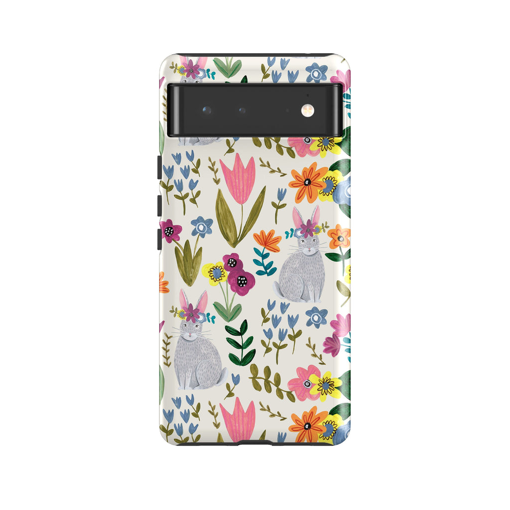 Google phone case-Rabbit Floral By Caroline Bonne Muller-Product Details Raised bevel to protect screen from scratches. Impact resistant polycarbonate shell and shock absorbing inner TPU liner. Secure fit with design wrapping around side of the case and full access to ports. Compatible with Qi-standard wireless charging. Thickness 1/8 inch (3mm), weight 30g. Compatibility See drop down menu for options, please select the right case as we print to order.-Stringberry