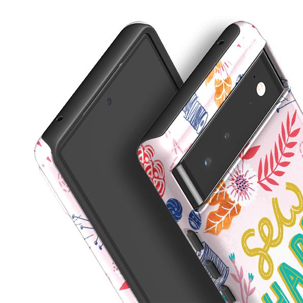 Google phone case-Sew Happy By Lee Foster Wilson-Product Details Raised bevel to protect screen from scratches. Impact resistant polycarbonate shell and shock absorbing inner TPU liner. Secure fit with design wrapping around side of the case and full access to ports. Compatible with Qi-standard wireless charging. Thickness 1/8 inch (3mm), weight 30g. Compatibility See drop down menu for options, please select the right case as we print to order.-Stringberry