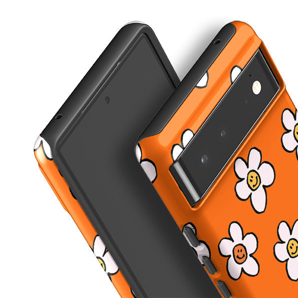 Google phone case-Smiley Orange-Product Details Raised bevel to protect screen from scratches. Impact resistant polycarbonate shell and shock absorbing inner TPU liner. Secure fit with design wrapping around side of the case and full access to ports. Compatible with Qi-standard wireless charging. Thickness 1/8 inch (3mm), weight 30g. Compatibility See drop down menu for options, please select the right case as we print to order.-Stringberry