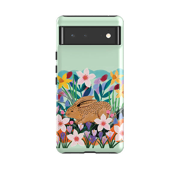 Google phone case-Spring Bunny By Lee Foster Wilson-Product Details Raised bevel to protect screen from scratches. Impact resistant polycarbonate shell and shock absorbing inner TPU liner. Secure fit with design wrapping around side of the case and full access to ports. Compatible with Qi-standard wireless charging. Thickness 1/8 inch (3mm), weight 30g. Compatibility See drop down menu for options, please select the right case as we print to order.-Stringberry