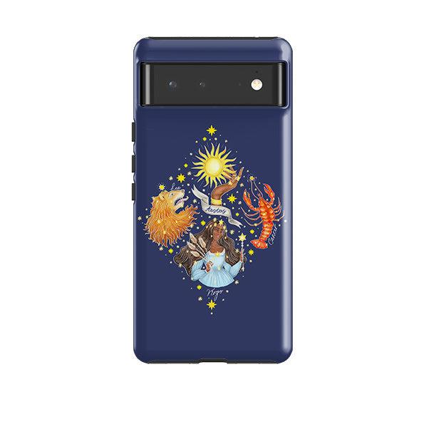 Google phone case-Summer Zodiac By Catherine Rowe-Product Details Raised bevel to protect screen from scratches. Impact resistant polycarbonate shell and shock absorbing inner TPU liner. Secure fit with design wrapping around side of the case and full access to ports. Compatible with Qi-standard wireless charging. Thickness 1/8 inch (3mm), weight 30g. Compatibility See drop down menu for options, please select the right case as we print to order.-Stringberry