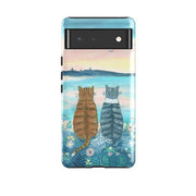 Google phone case-Sunset Cats 2 By Mary Stubberfield-Product Details Raised bevel to protect screen from scratches. Impact resistant polycarbonate shell and shock absorbing inner TPU liner. Secure fit with design wrapping around side of the case and full access to ports. Compatible with Qi-standard wireless charging. Thickness 1/8 inch (3mm), weight 30g. Compatibility See drop down menu for options, please select the right case as we print to order.-Stringberry