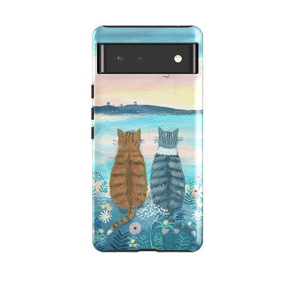 Google phone case-Sunset Cats 2 By Mary Stubberfield-Product Details Raised bevel to protect screen from scratches. Impact resistant polycarbonate shell and shock absorbing inner TPU liner. Secure fit with design wrapping around side of the case and full access to ports. Compatible with Qi-standard wireless charging. Thickness 1/8 inch (3mm), weight 30g. Compatibility See drop down menu for options, please select the right case as we print to order.-Stringberry