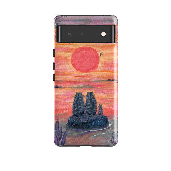 Google phone case-Sunset Cats By Mary Stubberfield-Product Details Raised bevel to protect screen from scratches. Impact resistant polycarbonate shell and shock absorbing inner TPU liner. Secure fit with design wrapping around side of the case and full access to ports. Compatible with Qi-standard wireless charging. Thickness 1/8 inch (3mm), weight 30g. Compatibility See drop down menu for options, please select the right case as we print to order.-Stringberry