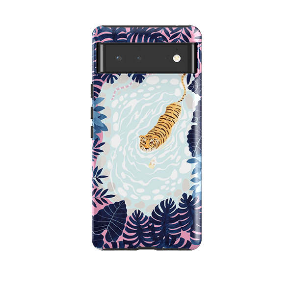 Google phone case-Swimming Tiger By Bex Parkin-Product Details Raised bevel to protect screen from scratches. Impact resistant polycarbonate shell and shock absorbing inner TPU liner. Secure fit with design wrapping around side of the case and full access to ports. Compatible with Qi-standard wireless charging. Thickness 1/8 inch (3mm), weight 30g. Compatibility See drop down menu for options, please select the right case as we print to order.-Stringberry