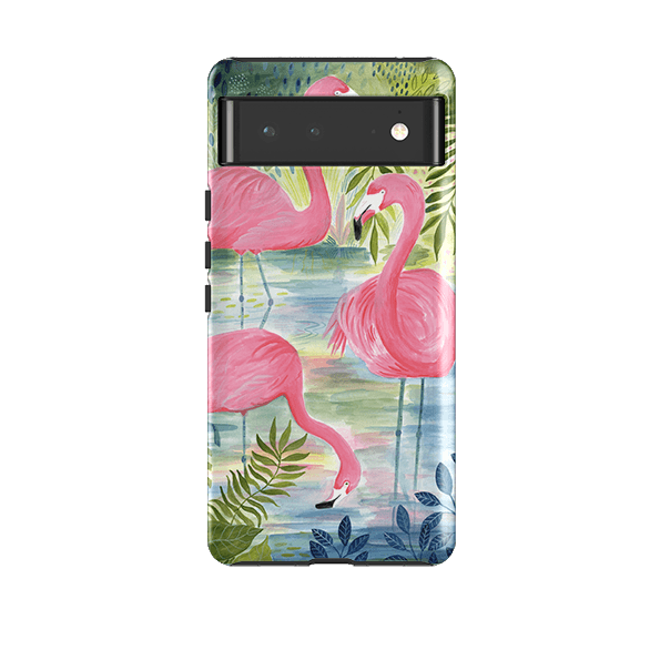 Google phone case-Three Flamingo By Bex Parkin-Product Details Raised bevel to protect screen from scratches. Impact resistant polycarbonate shell and shock absorbing inner TPU liner. Secure fit with design wrapping around side of the case and full access to ports. Compatible with Qi-standard wireless charging. Thickness 1/8 inch (3mm), weight 30g. Compatibility See drop down menu for options, please select the right case as we print to order.-Stringberry