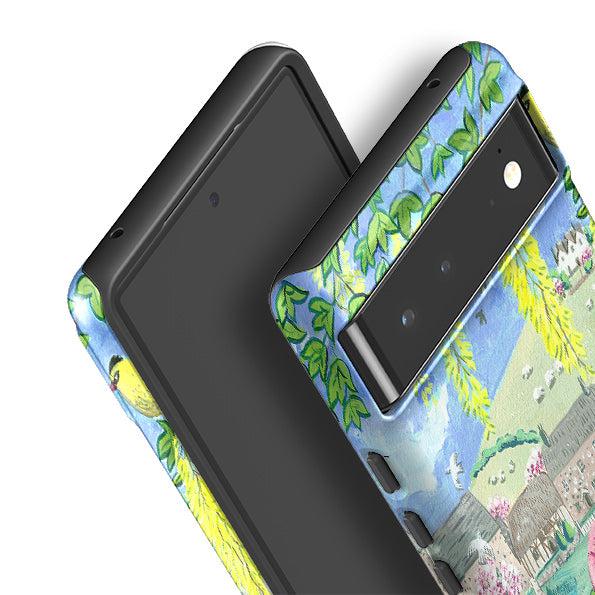 Google phone case-Village Floral By Mary Stubberfield-Product Details Raised bevel to protect screen from scratches. Impact resistant polycarbonate shell and shock absorbing inner TPU liner. Secure fit with design wrapping around side of the case and full access to ports. Compatible with Qi-standard wireless charging. Thickness 1/8 inch (3mm), weight 30g. Compatibility See drop down menu for options, please select the right case as we print to order.-Stringberry