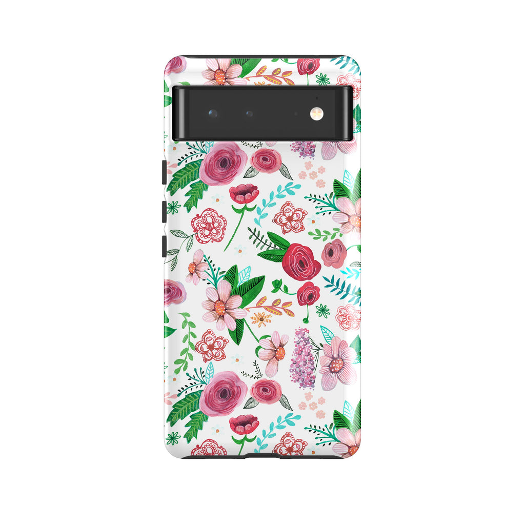 Google phone case-White Floral By Caroline Bonne Muller-Product Details Raised bevel to protect screen from scratches. Impact resistant polycarbonate shell and shock absorbing inner TPU liner. Secure fit with design wrapping around side of the case and full access to ports. Compatible with Qi-standard wireless charging. Thickness 1/8 inch (3mm), weight 30g. Compatibility See drop down menu for options, please select the right case as we print to order.-Stringberry