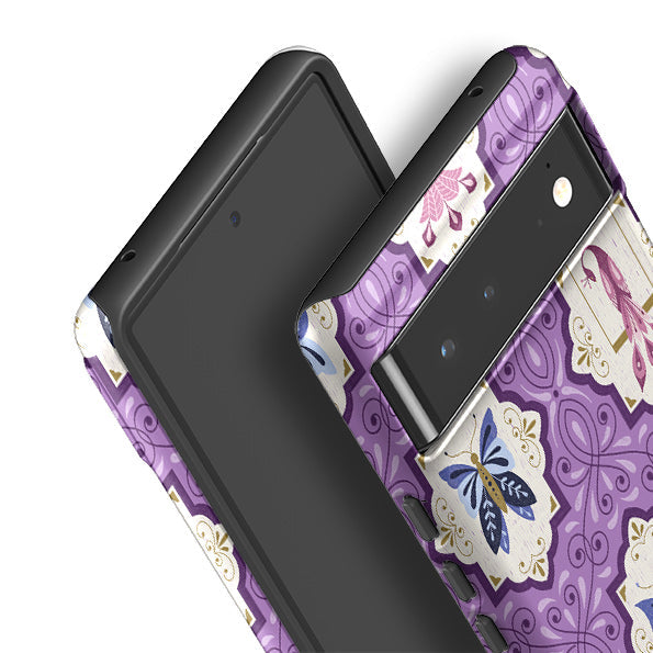 Google phone case-Wingframes Med Purple By Jenny Zemanek-Product Details Raised bevel to protect screen from scratches. Impact resistant polycarbonate shell and shock absorbing inner TPU liner. Secure fit with design wrapping around side of the case and full access to ports. Compatible with Qi-standard wireless charging. Thickness 1/8 inch (3mm), weight 30g. Compatibility See drop down menu for options, please select the right case as we print to order.-Stringberry