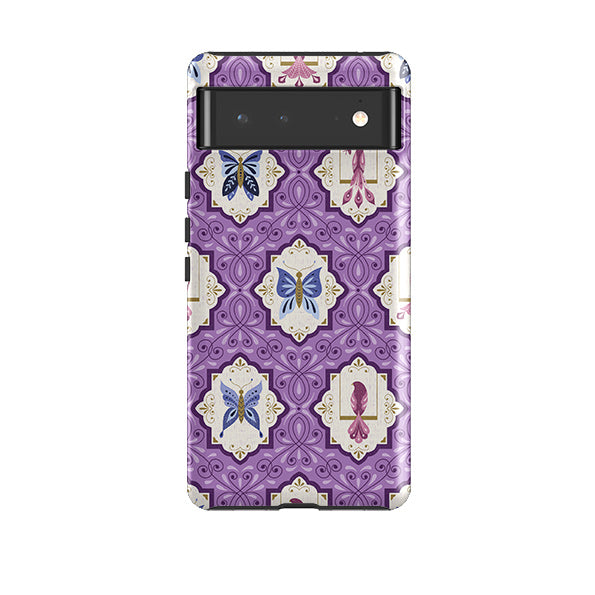 Google phone case-Wingframes Med Purple By Jenny Zemanek-Product Details Raised bevel to protect screen from scratches. Impact resistant polycarbonate shell and shock absorbing inner TPU liner. Secure fit with design wrapping around side of the case and full access to ports. Compatible with Qi-standard wireless charging. Thickness 1/8 inch (3mm), weight 30g. Compatibility See drop down menu for options, please select the right case as we print to order.-Stringberry