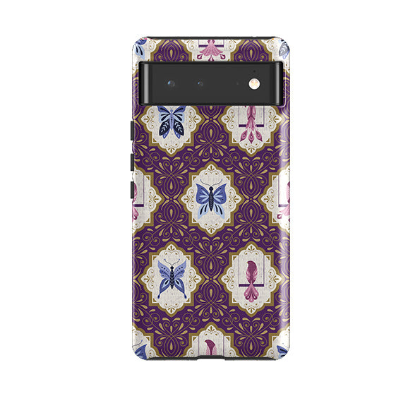 Google phone case-Wingframes Purple By Jenny Zemanek-Product Details Raised bevel to protect screen from scratches. Impact resistant polycarbonate shell and shock absorbing inner TPU liner. Secure fit with design wrapping around side of the case and full access to ports. Compatible with Qi-standard wireless charging. Thickness 1/8 inch (3mm), weight 30g. Compatibility See drop down menu for options, please select the right case as we print to order.-Stringberry