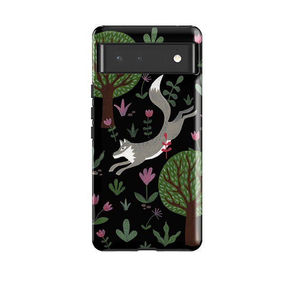 Google phone case-Wolf In Trees By Bex Parkin-Product Details Raised bevel to protect screen from scratches. Impact resistant polycarbonate shell and shock absorbing inner TPU liner. Secure fit with design wrapping around side of the case and full access to ports. Compatible with Qi-standard wireless charging. Thickness 1/8 inch (3mm), weight 30g. Compatibility See drop down menu for options, please select the right case as we print to order.-Stringberry