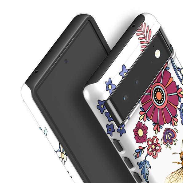 Google phone case-Bee Flower Power-Product Details Raised bevel to protect screen from scratches. Impact resistant polycarbonate shell and shock absorbing inner TPU liner. Secure fit with design wrapping around side of the case and full access to ports. Compatible with Qi-standard wireless charging. Thickness 1/8 inch (3mm), weight 30g. Compatibility See drop down menu for options, please select the right case as we print to order.-Stringberry