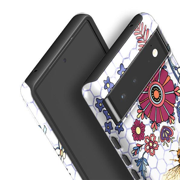 Google phone case-Blue Bee Flower Power-Product Details Raised bevel to protect screen from scratches. Impact resistant polycarbonate shell and shock absorbing inner TPU liner. Secure fit with design wrapping around side of the case and full access to ports. Compatible with Qi-standard wireless charging. Thickness 1/8 inch (3mm), weight 30g. Compatibility See drop down menu for options, please select the right case as we print to order.-Stringberry