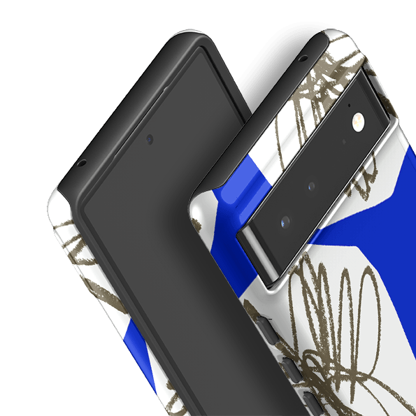 Google phone case-Blue Collage Flower By Kitty Joseph-Product Details Raised bevel to protect screen from scratches. Impact resistant polycarbonate shell and shock absorbing inner TPU liner. Secure fit with design wrapping around side of the case and full access to ports. Compatible with Qi-standard wireless charging. Thickness 1/8 inch (3mm), weight 30g. Compatibility See drop down menu for options, please select the right case as we print to order.-Stringberry