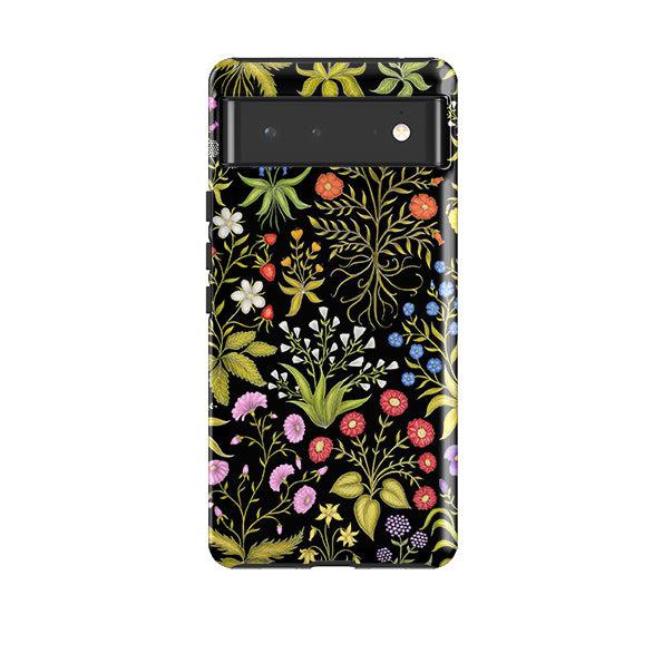 Google phone case-Fleurs Black By Catherine Rowe-Product Details Raised bevel to protect screen from scratches. Impact resistant polycarbonate shell and shock absorbing inner TPU liner. Secure fit with design wrapping around side of the case and full access to ports. Compatible with Qi-standard wireless charging. Thickness 1/8 inch (3mm), weight 30g. Compatibility See drop down menu for options, please select the right case as we print to order.-Stringberry