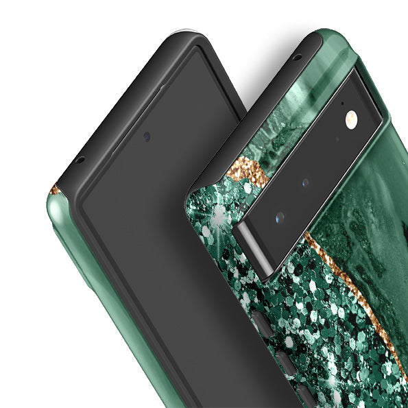 Google phone case-Green Shade (case does not glitter)-Product Details Raised bevel to protect screen from scratches. Impact resistant polycarbonate shell and shock absorbing inner TPU liner. Secure fit with design wrapping around side of the case and full access to ports. Compatible with Qi-standard wireless charging. Thickness 1/8 inch (3mm), weight 30g. Compatibility See drop down menu for options, please select the right case as we print to order.-Stringberry