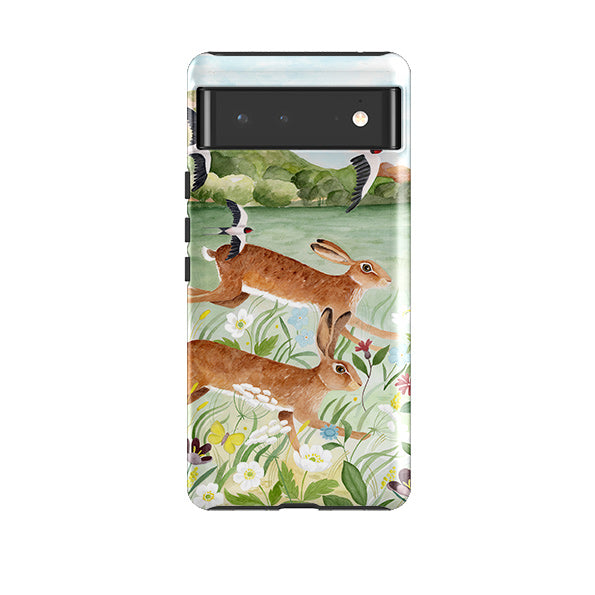Google phone case-Hares By Bex Parkin-Product Details Raised bevel to protect screen from scratches. Impact resistant polycarbonate shell and shock absorbing inner TPU liner. Secure fit with design wrapping around side of the case and full access to ports. Compatible with Qi-standard wireless charging. Thickness 1/8 inch (3mm), weight 30g. Compatibility See drop down menu for options, please select the right case as we print to order.-Stringberry