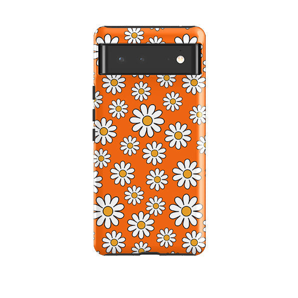 Google phone case-Orange Daises-Product Details Raised bevel to protect screen from scratches. Impact resistant polycarbonate shell and shock absorbing inner TPU liner. Secure fit with design wrapping around side of the case and full access to ports. Compatible with Qi-standard wireless charging. Thickness 1/8 inch (3mm), weight 30g. Compatibility See drop down menu for options, please select the right case as we print to order.-Stringberry