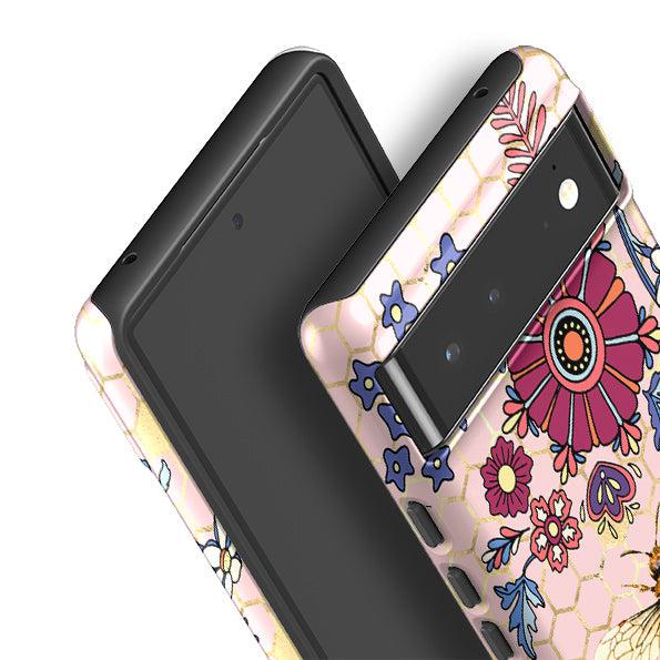 Google phone case-Pink Bee Flower Power-Product Details Raised bevel to protect screen from scratches. Impact resistant polycarbonate shell and shock absorbing inner TPU liner. Secure fit with design wrapping around side of the case and full access to ports. Compatible with Qi-standard wireless charging. Thickness 1/8 inch (3mm), weight 30g. Compatibility See drop down menu for options, please select the right case as we print to order.-Stringberry