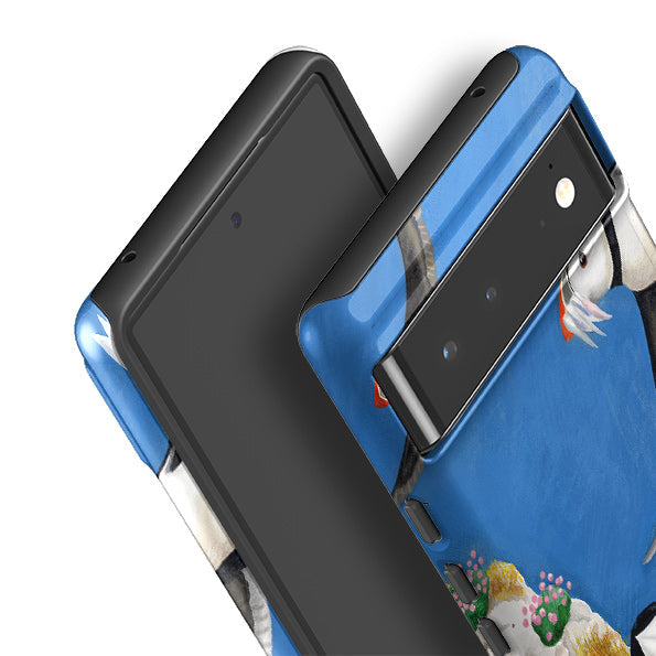 Google phone case-Puffins By Bex Parkin-Product Details Raised bevel to protect screen from scratches. Impact resistant polycarbonate shell and shock absorbing inner TPU liner. Secure fit with design wrapping around side of the case and full access to ports. Compatible with Qi-standard wireless charging. Thickness 1/8 inch (3mm), weight 30g. Compatibility See drop down menu for options, please select the right case as we print to order.-Stringberry