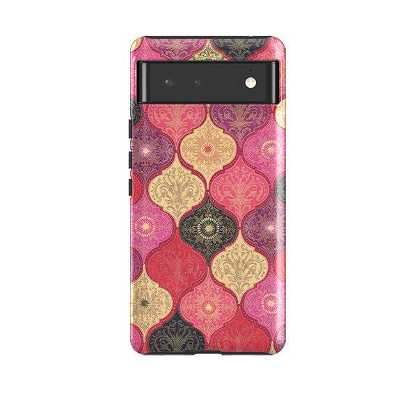 Google phone case-Red Damask By Jehane-Product Details Raised bevel to protect screen from scratches. Impact resistant polycarbonate shell and shock absorbing inner TPU liner. Secure fit with design wrapping around side of the case and full access to ports. Compatible with Qi-standard wireless charging. Thickness 1/8 inch (3mm), weight 30g. Compatibility See drop down menu for options, please select the right case as we print to order.-Stringberry