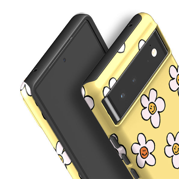 Google phone case-Smiley Mellow Yellow-Product Details Raised bevel to protect screen from scratches. Impact resistant polycarbonate shell and shock absorbing inner TPU liner. Secure fit with design wrapping around side of the case and full access to ports. Compatible with Qi-standard wireless charging. Thickness 1/8 inch (3mm), weight 30g. Compatibility See drop down menu for options, please select the right case as we print to order.-Stringberry