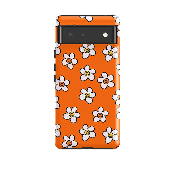 Google phone case-Smiley Orange-Product Details Raised bevel to protect screen from scratches. Impact resistant polycarbonate shell and shock absorbing inner TPU liner. Secure fit with design wrapping around side of the case and full access to ports. Compatible with Qi-standard wireless charging. Thickness 1/8 inch (3mm), weight 30g. Compatibility See drop down menu for options, please select the right case as we print to order.-Stringberry