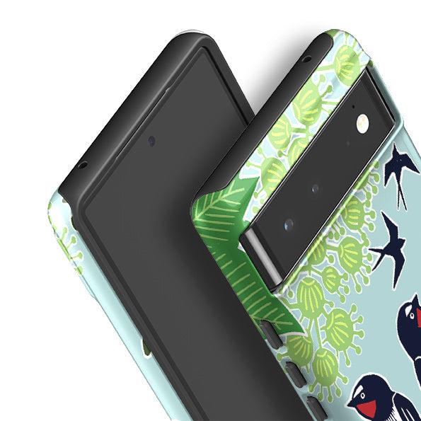 Google phone case-Swallows By kate Heiss-Product Details Raised bevel to protect screen from scratches. Impact resistant polycarbonate shell and shock absorbing inner TPU liner. Secure fit with design wrapping around side of the case and full access to ports. Compatible with Qi-standard wireless charging. Thickness 1/8 inch (3mm), weight 30g. Compatibility See drop down menu for options, please select the right case as we print to order.-Stringberry