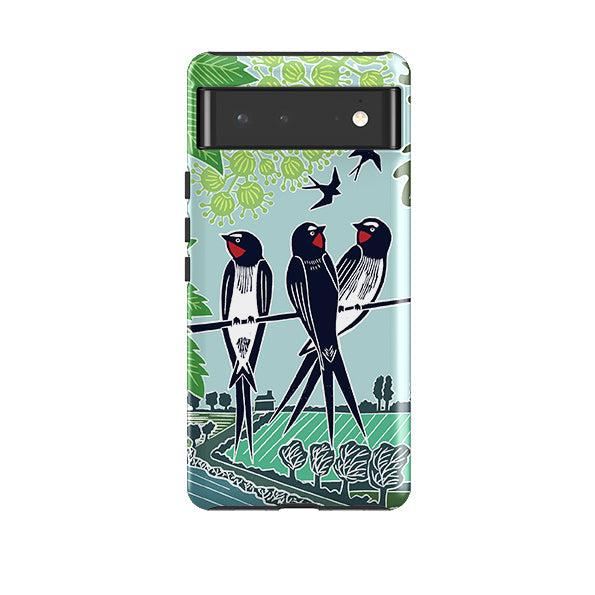 Google phone case-Swallows By kate Heiss-Product Details Raised bevel to protect screen from scratches. Impact resistant polycarbonate shell and shock absorbing inner TPU liner. Secure fit with design wrapping around side of the case and full access to ports. Compatible with Qi-standard wireless charging. Thickness 1/8 inch (3mm), weight 30g. Compatibility See drop down menu for options, please select the right case as we print to order.-Stringberry