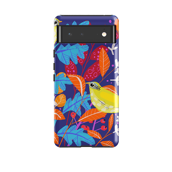 Google phone case-Yellow Bird By Claire West-Product Details Raised bevel to protect screen from scratches. Impact resistant polycarbonate shell and shock absorbing inner TPU liner. Secure fit with design wrapping around side of the case and full access to ports. Compatible with Qi-standard wireless charging. Thickness 1/8 inch (3mm), weight 30g. Compatibility See drop down menu for options, please select the right case as we print to order.-Stringberry