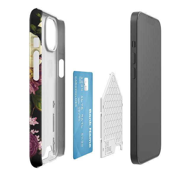 Floral phone case with a sliding hard shell, hidden card slot, and credit card, shown from multiple angles.