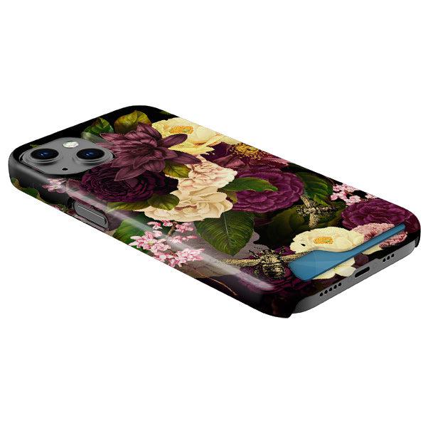 Hard plastic phone case with a dark floral print, hidden card slot, and raised bevel for screen protection.