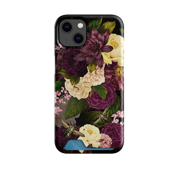 Hard plastic phone case with a dark floral print, hidden card slot, and vintage bee illustrations on a black background.