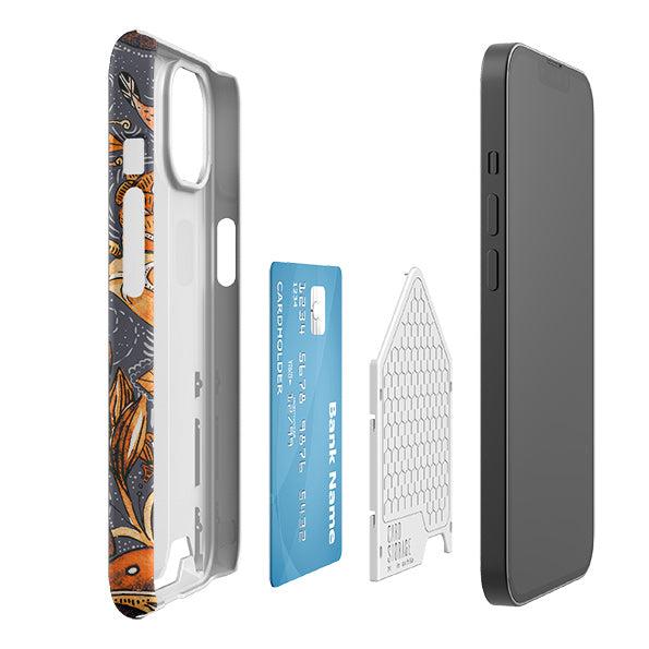 Hidcote phone case with a floral pattern, hidden card slot, and internal storage component for a credit card.