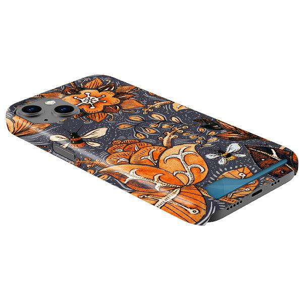 Hard plastic phone case with a dark grey floral and bee pattern featuring a sliding hidden card slot on the back.
