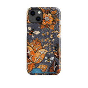 Hard plastic phone case with orange floral and bee pattern on a grey background, featuring a bottom hidden card slot.