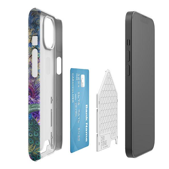 Hard plastic phone case with a peacock-inspired design, featuring a hidden sliding card slot and a credit card insert.