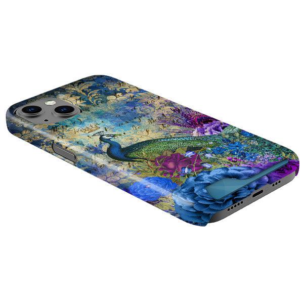 Hard plastic phone case with a peacock and floral design, featuring a sliding hidden card slot in shades of blue and gold.