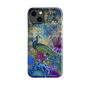 Hard plastic phone case featuring a peacock and blue floral design with a convenient bottom card slot.