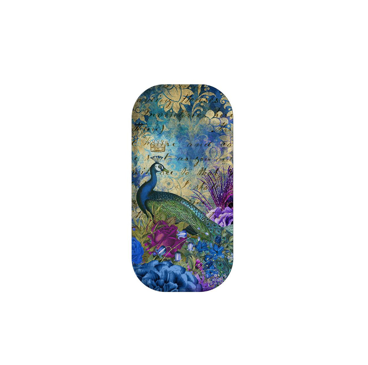 In Heaven Clickit phone stand featuring a peacock, floral patterns, and vintage script in vibrant blue and gold tones.